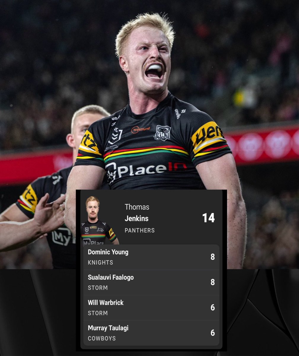 PeterVLang's tweet image. THOMAS JENKINS is still on top of the NRL try scorers table. Unless the player below him scores seven tries in their game…he’ll stay number one for another week. 
#PantherPride
