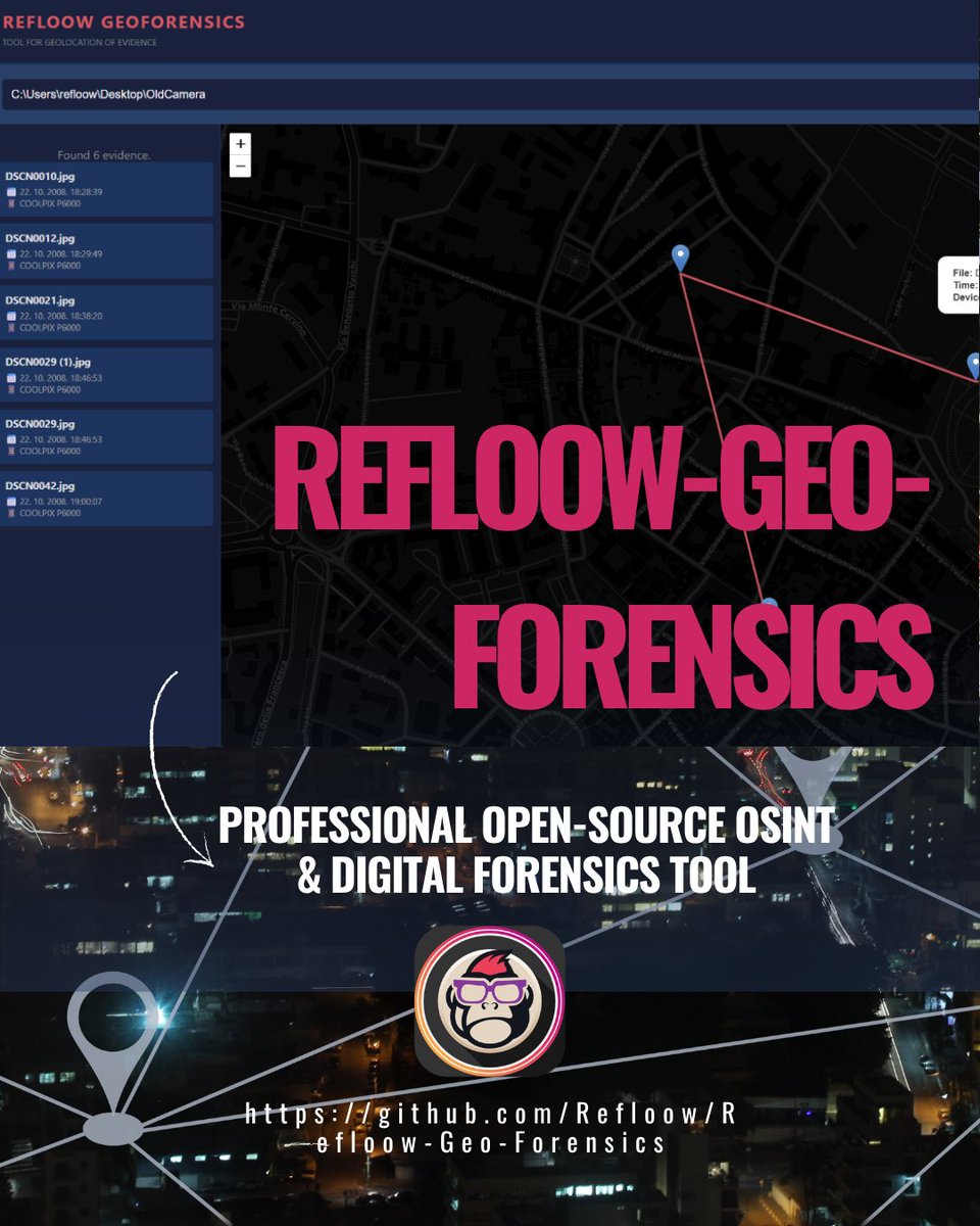 EsGeeks's tweet image. Refloow Geo Forensics: herramienta que extrae metadatos EXIF de imágenes JPG, visualiza las coordenadas GPS en mapas y crea líneas de tiempo automáticas. Todo se procesa localmente (sin subir nada a la nube).
💥🕵️‍♂️ #osint #digitalforensics #exif #geolocation #ciberseguridad