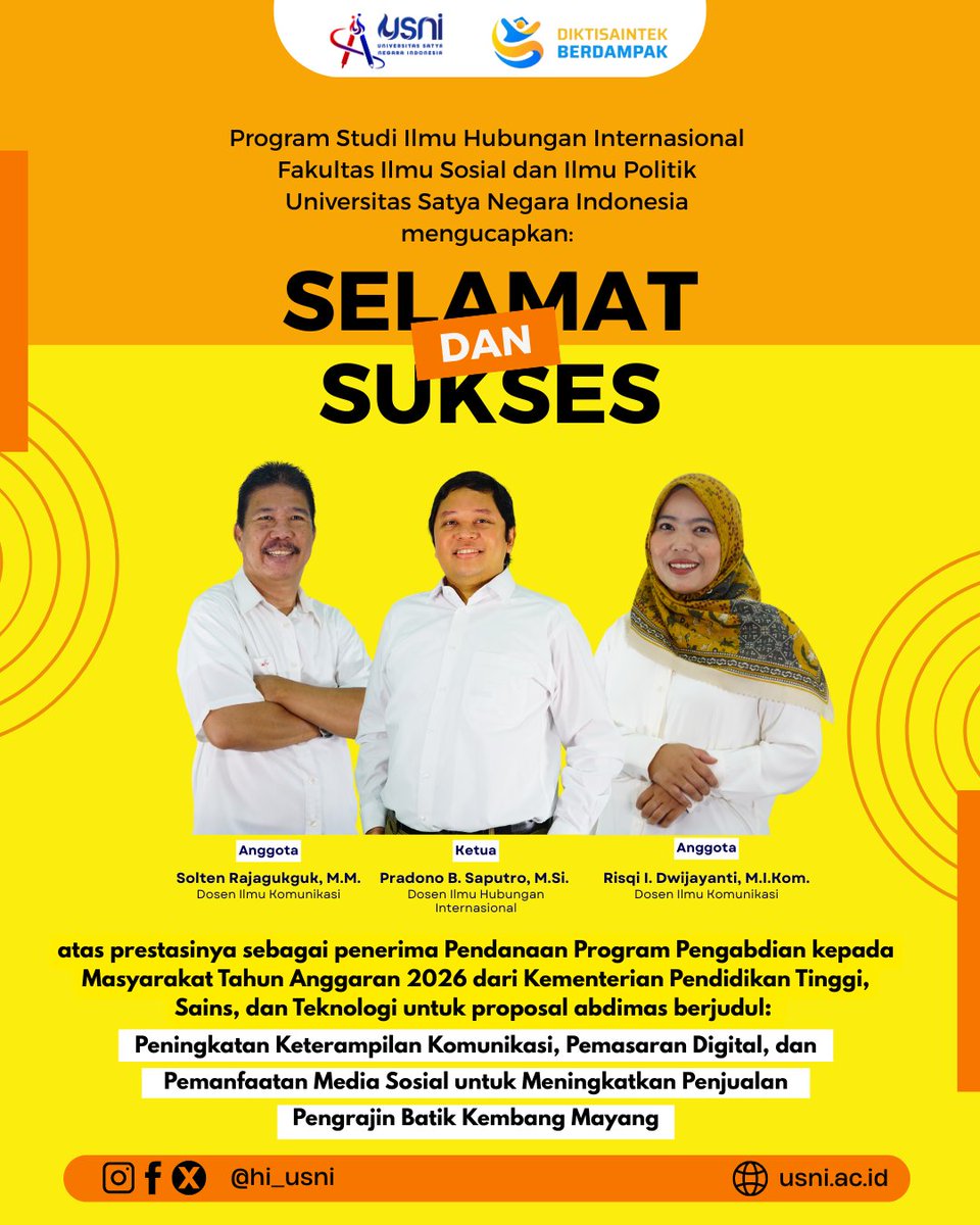 hi_usni's tweet photo. Program Studi Ilmu Hubungan Internasional @usniofficial menyampaikan apresiasi dan selamat kepada dosen kami, @DonnySaputro, yang telah lolos sebagai penerima pendanaan untuk Program Pengabdian kepada Masyarakat Tahun Anggaran 2026 dari Kemdiktisaintek.

#hiusni https://t.co/Cv7g1Z0l83