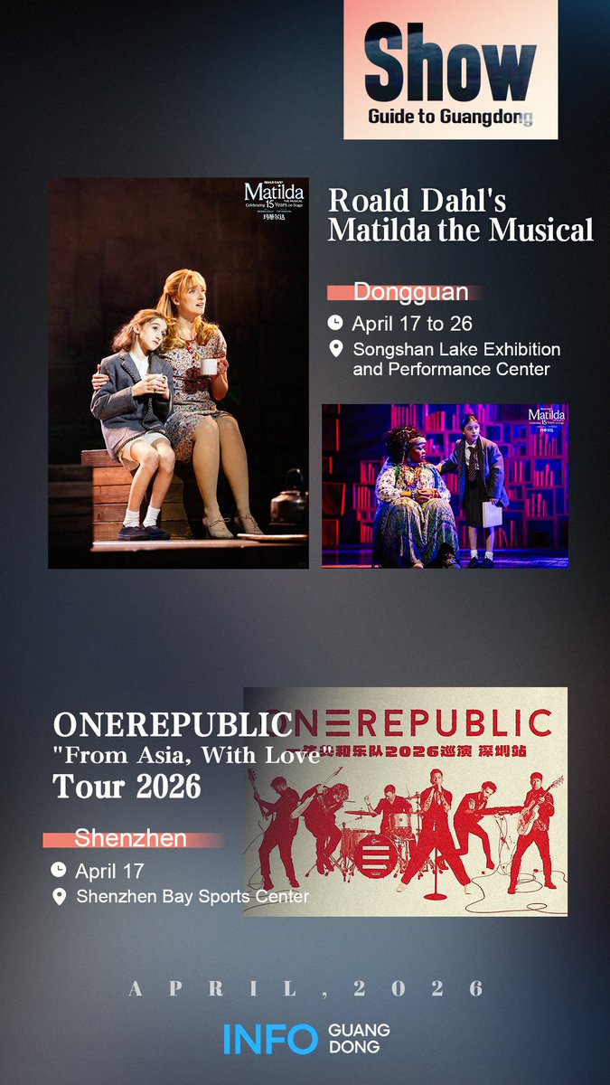 iGuangdong's tweet photo. 🎭 April Show Guide | #Guangdong
From stunning dance dramas to global pop concerts, Guangdong is packed with must-see performances this April:
• Wing Chun
• The Eternal Wave
• Matilda The Musical
• OneRepublic live in Shenzhen
#AprilEvents #LiveShows https://t.co/gjKJ05jBvq