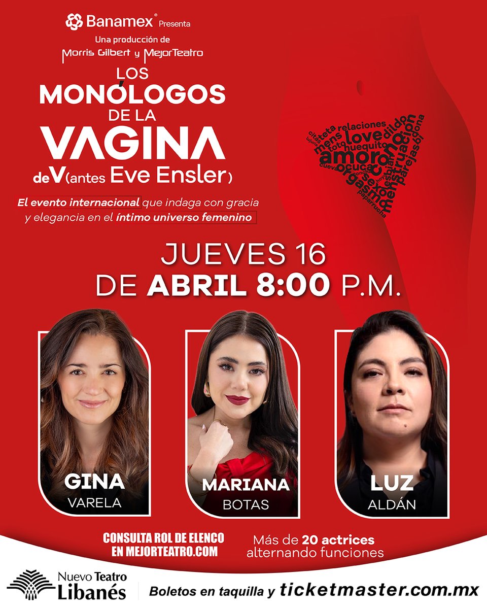 MonologosVagMex's tweet photo. ¿Quieres conocer todo sobre el íntimo universo femenino? Acompaña el próximo jueves a @GinaValera, @MarinabotasL y @luzaldan en #LosMonólogosDeLaVagina.

📍 Nuevo Teatro Libanés
📆 Jueves 16 de abril
⏰ Función a las 8:00 p.m.
🎟️ https://t.co/WFwJBbsVHO https://t.co/zINCrvnWGv