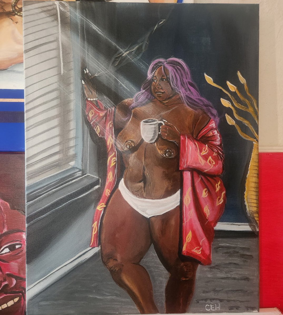 KingClaudeCo's tweet photo. Finished product of brush wars. This was fun and I had an amazing time. The theme was unapologetically her and now that’s the title #kingclaudecollections #painting contest.#blackart #kansascity https://t.co/Wroz0JfyGn