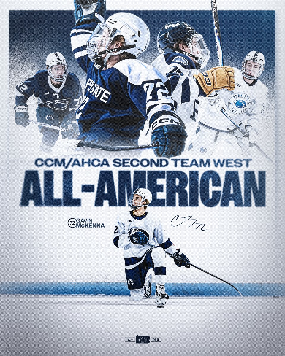 PennStateMHKY's tweet photo. 🚨 ALL-AMERICAN ALERT 🚨

Freshman Gavin McKenna becomes the fourth Nittany Lion all-time, first freshman, to earn All-American status‼️

McKenna joins Aiden Fink (2025), Cole Hults (2020) and Nate Sucese (2020) as Penn State All-Americans. 😤

#WeAre #HockeyValley https://t.co/m1ZhYt2oHN