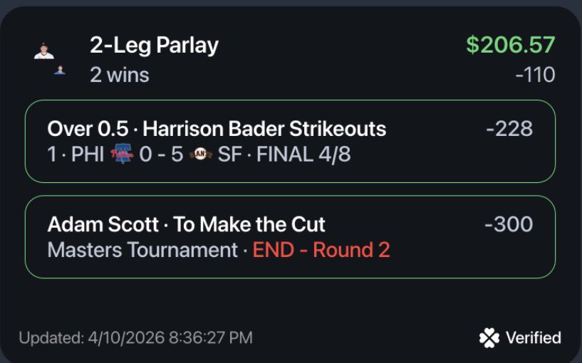 coachme2cash's tweet image. Y’all ain’t ready!!!! 

💰 2-Leg Parlay CASHED for +$206.57 😤  

Bader Over 0.5 Ks ✅  
Adam Scott makes the cut ✅  

Y’all were sleeping on it… I wasn’t.  

Who’s riding with me tomorrow? 🔥  

🔗 in BIO!!

#ParlayKing #BetSmart #CashApp #SportsBetting #Masters2026