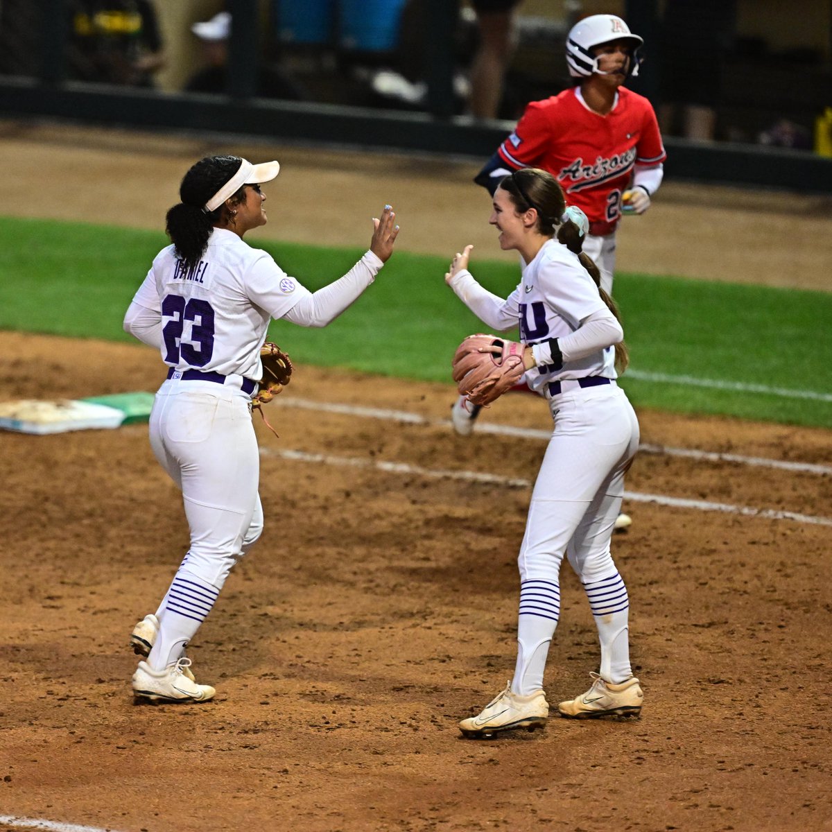 LSUsoftball's tweet image. Two outs by 23 ✌️