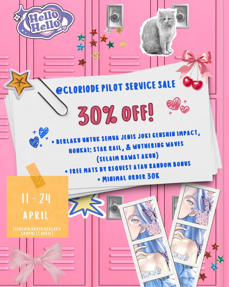 hi, teman-timun! 🤍
diskon 30% buat joki genshin, hsr, &amp; wuthering waves balik lagi nih! 🦭
pengerjaan cepat, aman, dan selalu update selama proses 🤍

special discount is waiting—come and taste the magic 🪄✨️

📌 other pricelists &amp; more info: linktr.ee/cloriode

#zonauang
