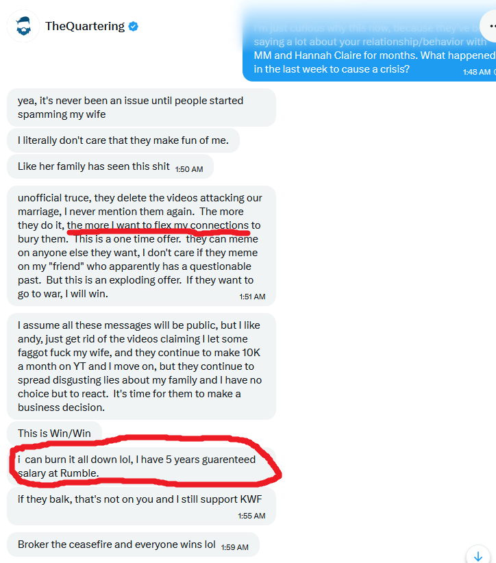 galaxygash's tweet photo. Heres one of your biggest partners claiming hes going to "flex his connections to bury them" and explicitly mentioning his rumble contract as part of those connections. "Freedom Ethos" my fucking ass, your partners apparently believe that their contract means they control who gets to say what on your platform. You need to address this and quickly.
