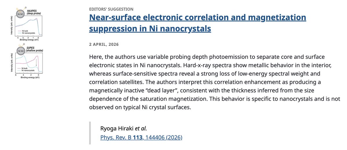 PhysRevB's tweet image. PRB Editors' Suggestion: Near-surface #electronic correlation and #magnetization suppression in Ni #nanocrystals

R. Hiraki, K. Akashi, S. Otsuru, M. Kakihara, H. Ishii, M. Yoshimura et al.
Phys. Rev. B 113, 144406

➡️ go.aps.org/4dmyoBA
#EdSugg @APSPhysics #condmat #physics