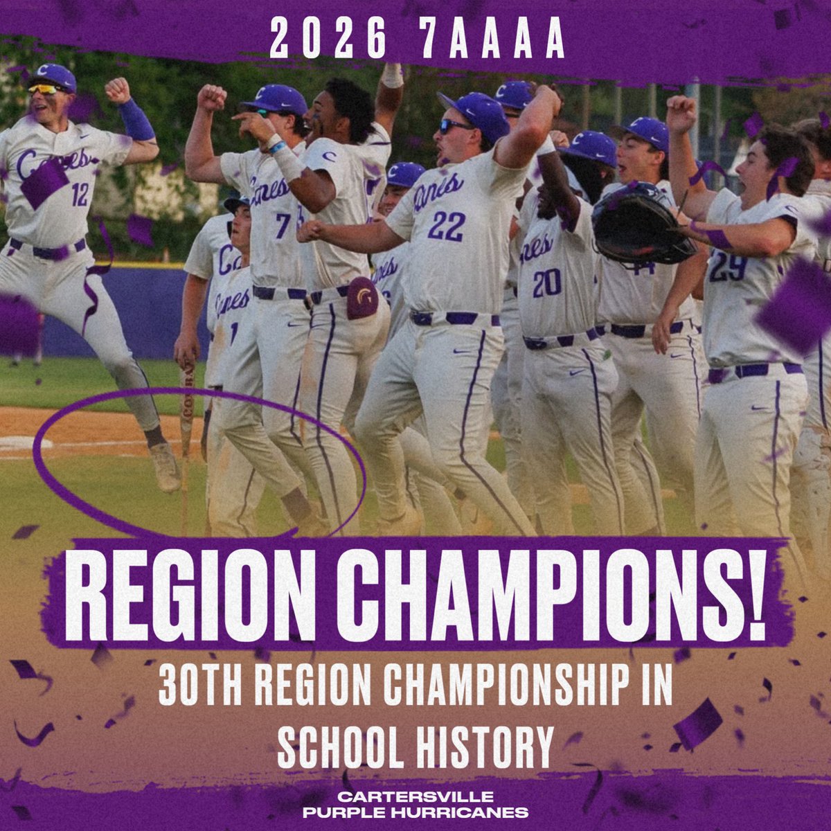 CHSHurricaneBSB's tweet photo. Region Champions! Cartersville clinched the 30th region title in Program History with a 14-1 win over Southeast Whitfield Friday Night. https://t.co/wCha3eOwSk