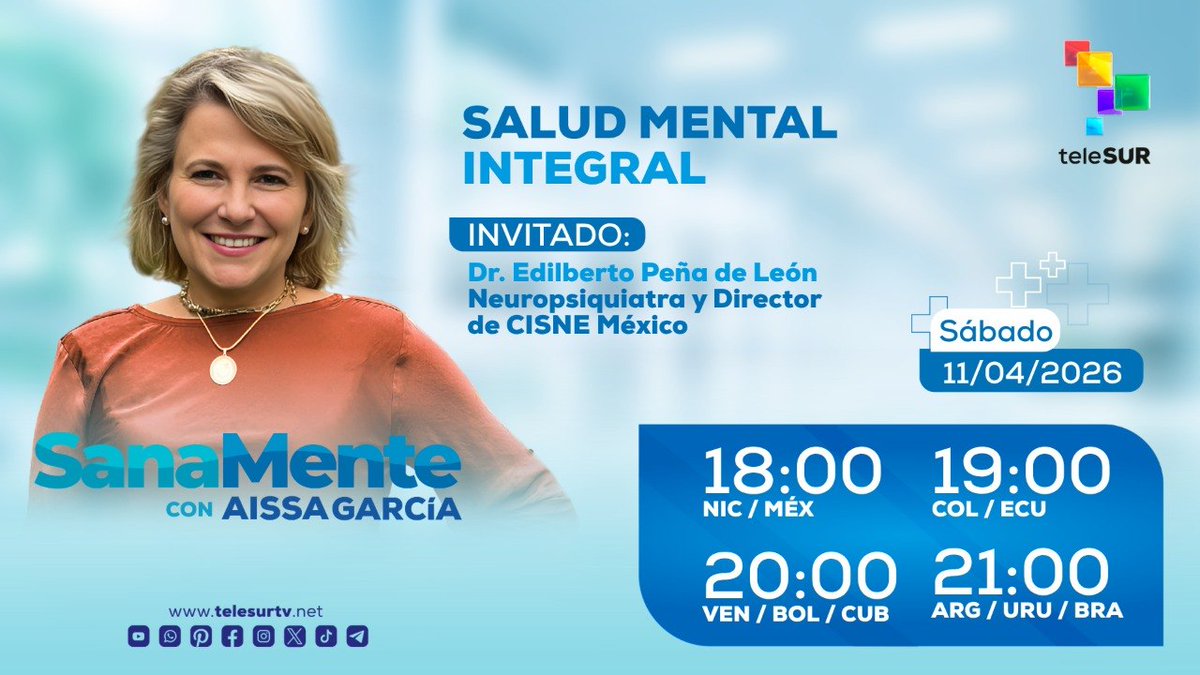🧠 ¿Sabías que la calidad de tu salud mental tiene una relación directa con tu salud física?

Acompáñanos este sábado en una nueva entrega de #SanaMente con <a href="/AissateleSUR/">Aissa García García</a> y <a href="/Edilberto_pena/">Edilberto Peña</a>, Neuropsiquiatra y Director de <a href="/CisneMexico/">CISNE México</a>.

¡Por <a href="/teleSURtv/">teleSUR TV</a>! 👇🏾
youtube.com/watch?v=uGK8rH…