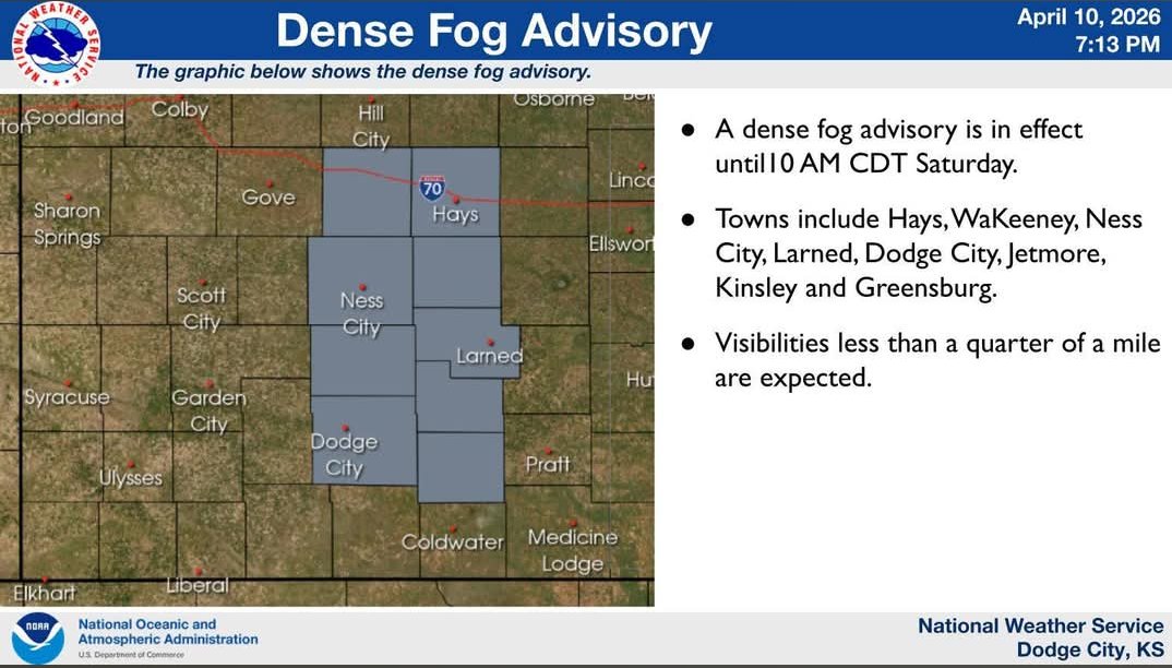 Dense fog may impact travel across the region tonight, especially for those who might be traveling home from today's HS track meet in Pratt. While traveling, increase your following distance behind other vehicles, use your low beam headlights, and slow your speeds as necessary.
