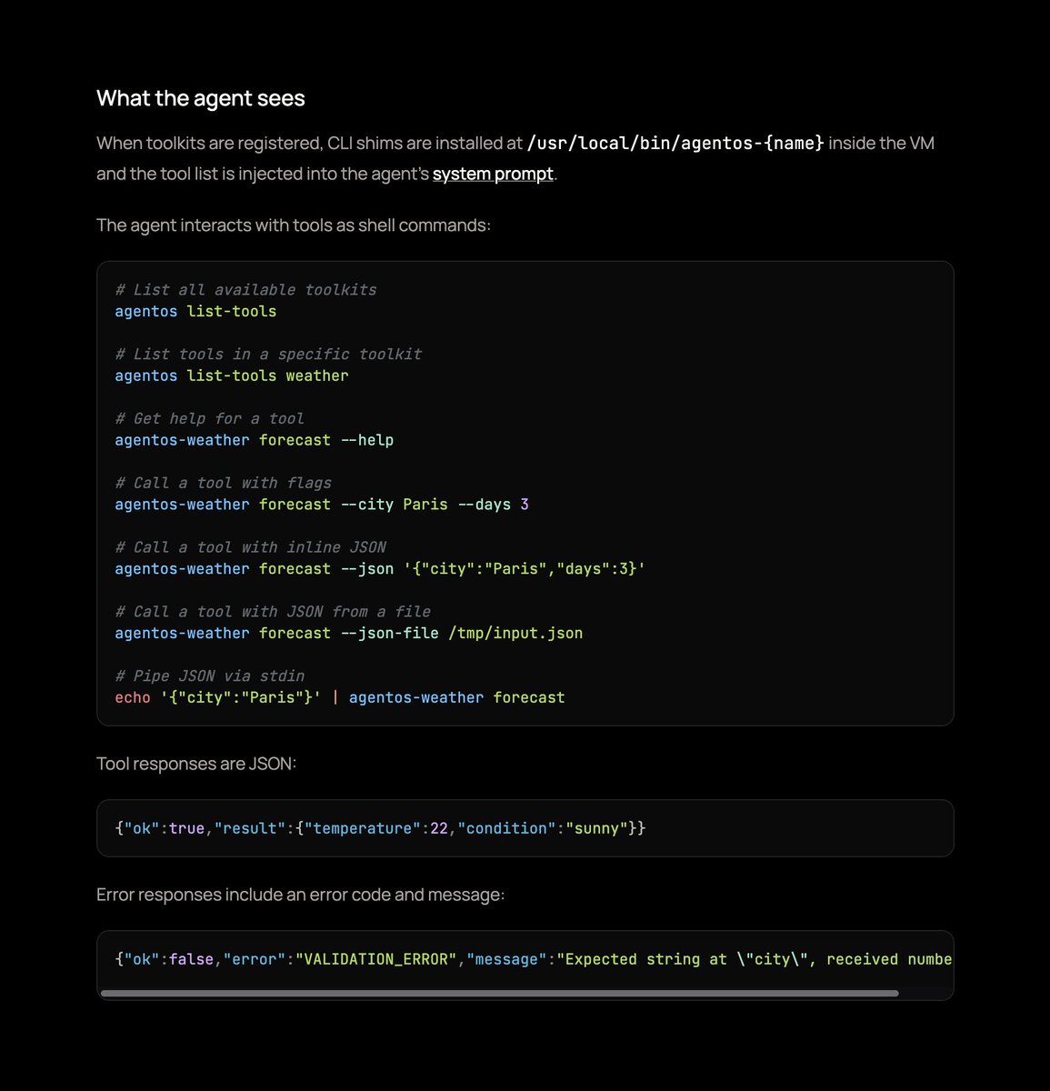 NathanFlurry's tweet image. This is the way

agentOS shipped with a similar concept called Toolkits for JS:

→ Define tools on the host (like AI SDK)
→ $ my-tool --help
→ Just simple JS + Zod tool – no tokens, no network hop

And @RhysSullivan already roasted me for not using TypeScript Code Mode 🗿