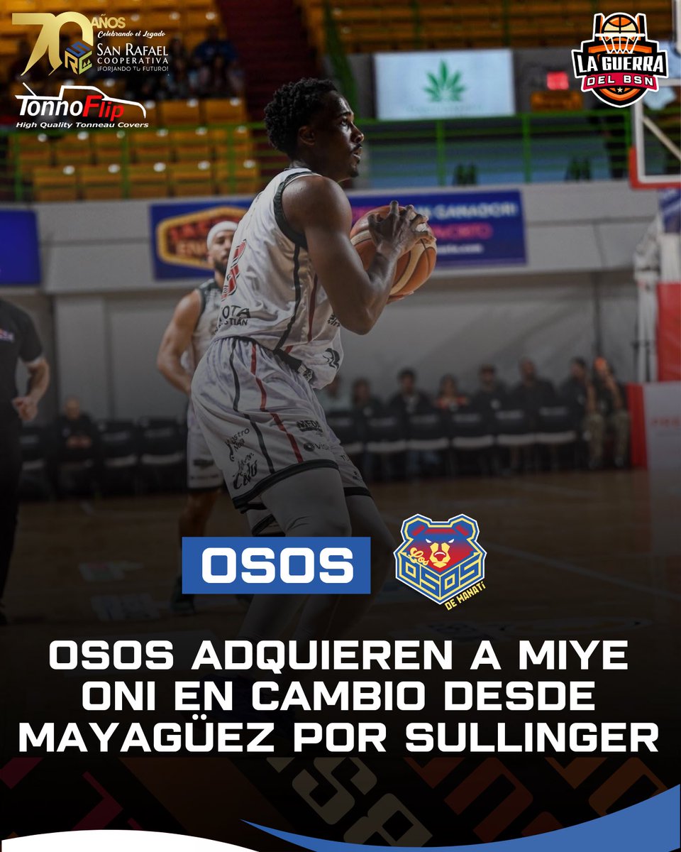 LaGuerraBSN's tweet photo. #BSNPR | OFICIAL: Los Osos de Manatí adquieren al refuerzo Miye Oni desde los Indios de Mayagüez por los derechos de Jared Sullinger.

🐻 De igual manera, Manatí deja en libertad a Jamil Wilson. https://t.co/UTVwRNyGTK