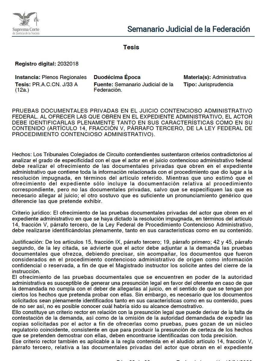 Mtro_MarcosGtz's tweet photo. 𝐀𝐭𝐞𝐧𝐜𝐢𝐨́𝐧 𝐥𝐢𝐭𝐢𝐠𝐚𝐧𝐭𝐞𝐬 𝐟𝐢𝐬𝐜𝐚𝐥𝐞𝐬: el Semanario Judicial de la Federación publicó la jurisprudencia https://t.co/75zrHilqhz. J/33 A (12a.), registro 2032018.

El mensaje es claro: ofrecer “en bloque” las documentales privadas del expediente administrativo ya no alcanza.