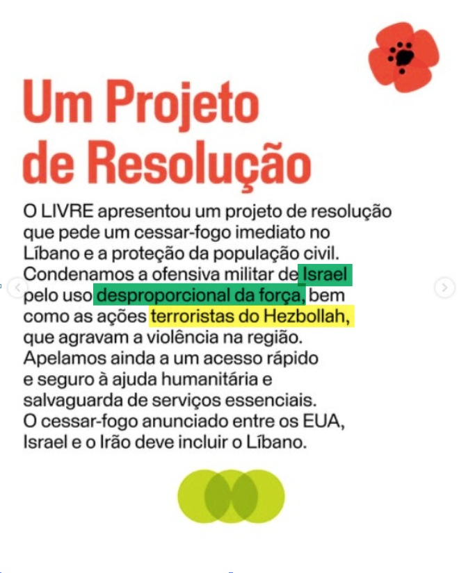 A escolha de palavras é esclarecedora: Israel usa "força desproporcional", terrorista é quem lhe resiste. o Livre, ou seja Rui Tavares, para além do esgoto moral, é uma força pro-imperialista como a IL ou o Chega