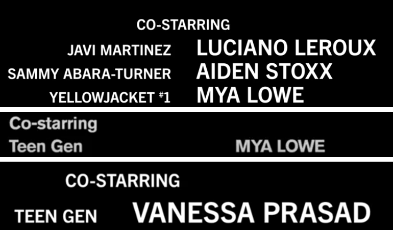 Gen: Yep, Gen was actually an extra in s1, credited as "Yellowjacket #1" and already played by Mya Lowe (s2 Gen) before being recast with Vanessa Prasad in s3. Interestingly, in all seasons, Gen is credited as "co-starring", despite having no lines in s1.