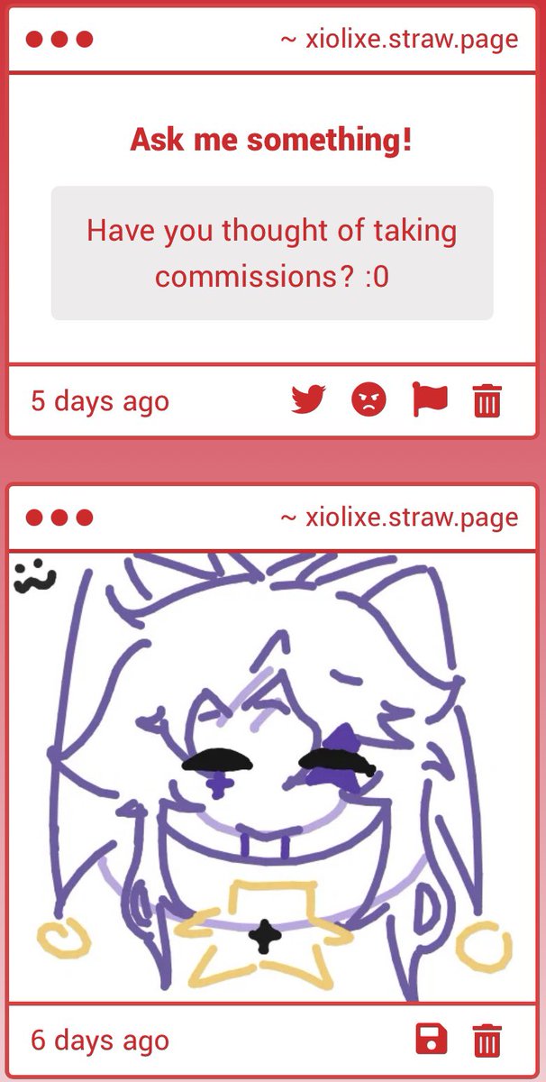 xiolixe's tweet image. 1. I personally don’t like it, it’s a spectrum. Usually I’ll just mute people who get obnoxious about it, so dw, I won’t bite your ass over it&amp;lt;3
2. No sorry, I feel like my art isn’t good enough for that :(
3. MY BABYYYYY
4. Aweee thank you &amp;lt;3333
5. BRO WHAT HAVE YOU DONE TO HIM