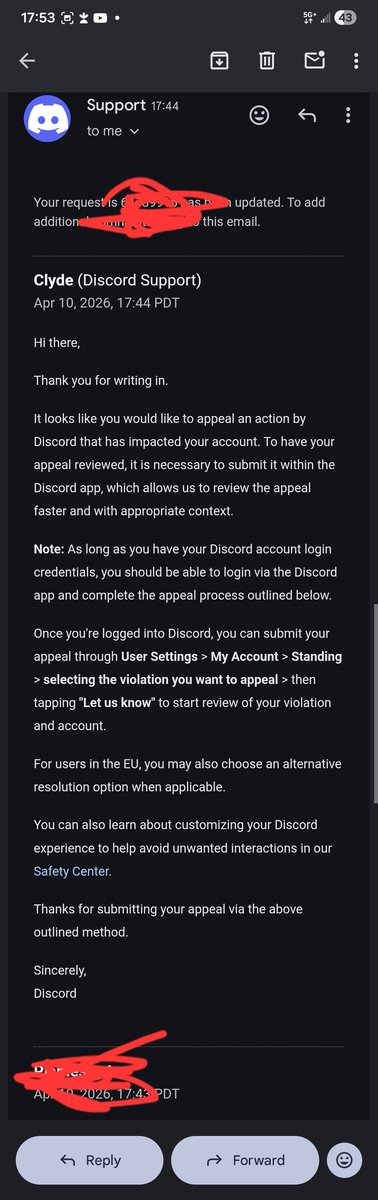 Pfarrr101's tweet photo. @discord_support I accidentally downloaded a malware that was slowly DMing my friends list with images to a scam. I caught it relatively early and deleted all DMs and and quarantined the files, but I am in a loop with the Clyde bot when trying to submit an appeal. Images attached https://t.co/eeofrb3Ibx