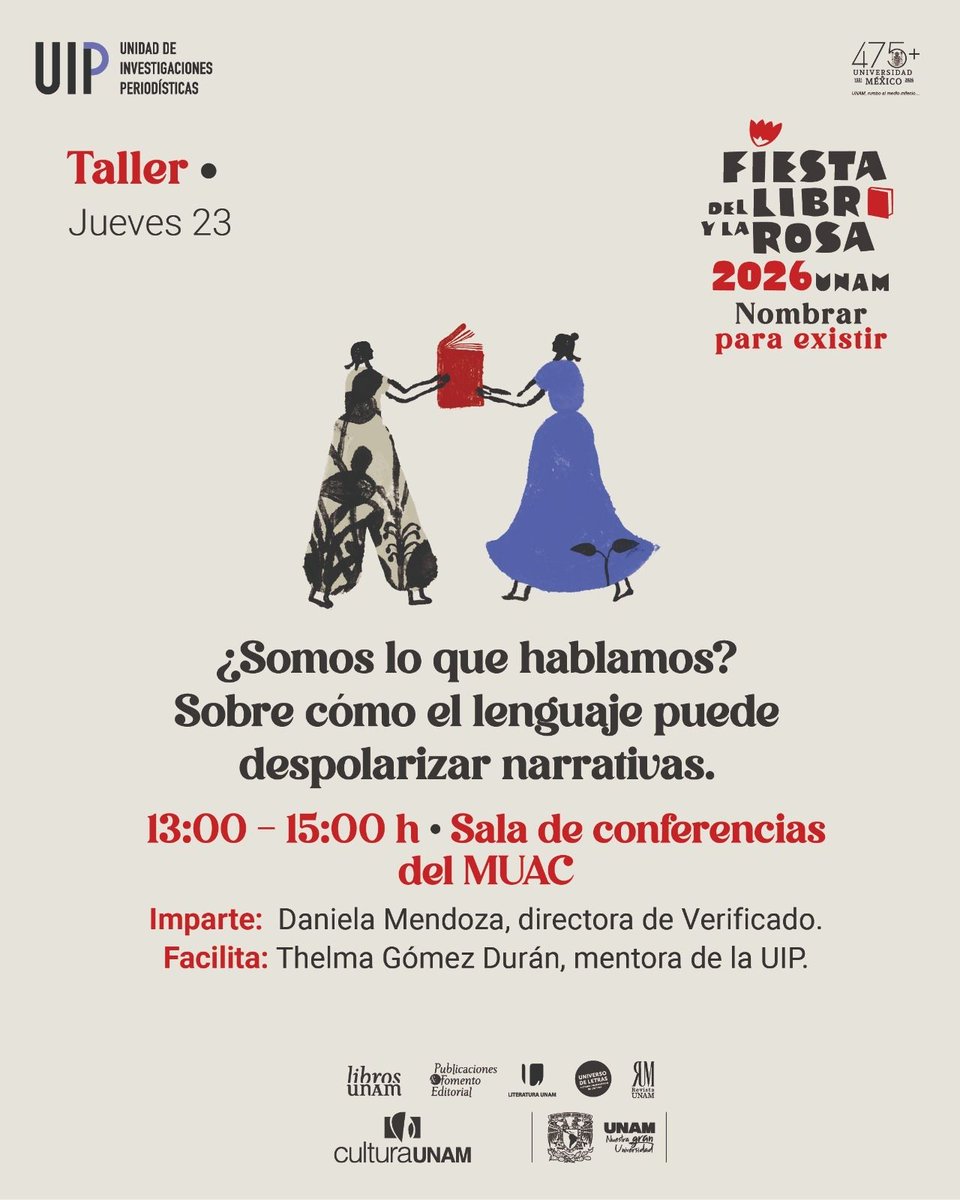 verificado_mx's tweet photo. La desinformación no solo miente, también divide. 🗣️❌ Pero el lenguaje puede hacer lo contrario. Nuestra directora @DaMeLUNA (Daniela Mendoza) estará en la #FiestaDelLibroYLaRosa .
Jueves 23 · 13:00–15:00 h · Sala de conferencias del #MUAC #UNAM https://t.co/9sTPAGKK0G