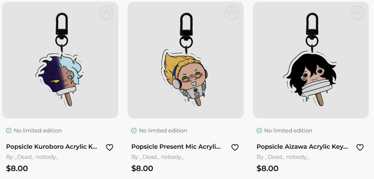 Summer is coming and the weather is getting hot...
3baka popsicles are now available! There's a limited inventory of them so once they sell out I will restock them!
Get them now! Link vv
acggoods.com/store/deadnobo…