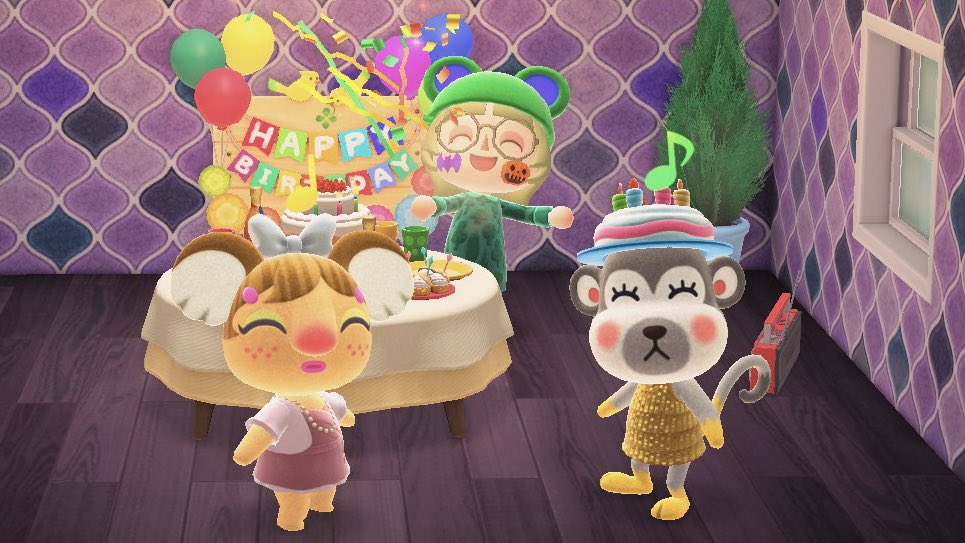 susu_on1lem0n's tweet photo. 昨夜はシェリー姐さんのお誕生日をお祝いにサブ島へ🐒🏝️
一緒に来てたのはメルボルンちゃん✨去年もこのメンバーでお祝いだったなぁ🥂シェリ姐とメルちゃんて仲いいんだなぁ、とほっこり☺️
エスニックなカットソーをあげました🎁
#あつ森 #ACNH #shari https://t.co/Ejkh6P51nm