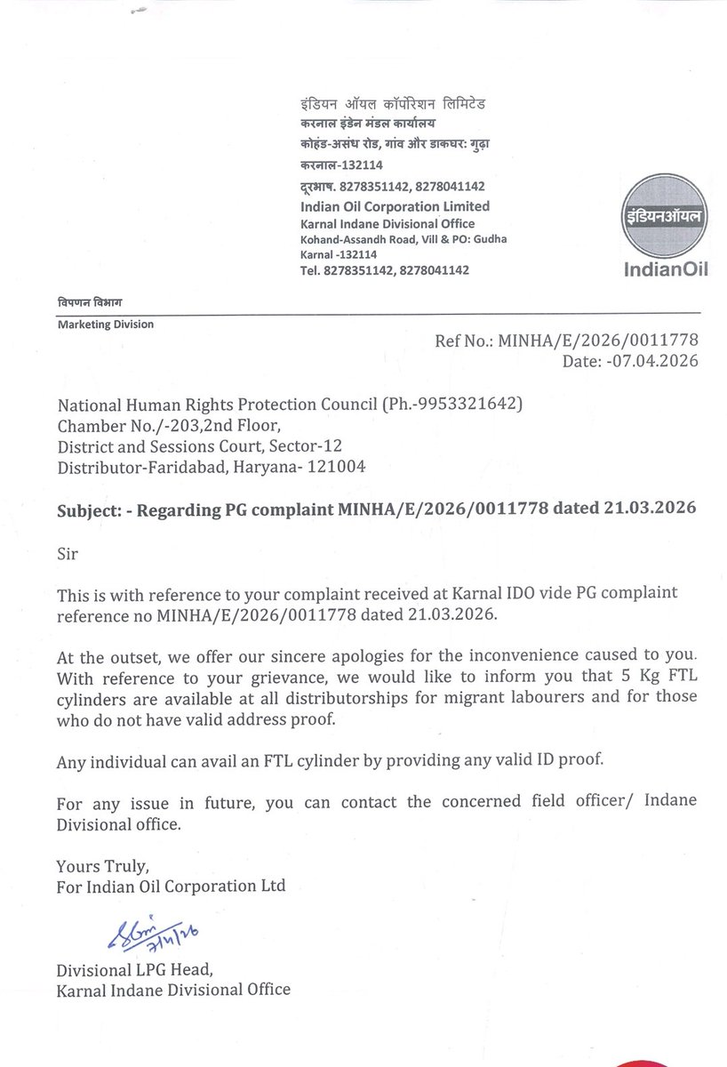 HumanCounc24629's tweet photo. Reply received from Ministry in connection with our greivance/representation to provide the 5 kgs LPG cylinders to migrant laborers with or without address proof, they accept our request and give directions to all distribution to provide the 5 Kgs cylinders to migrant laborers. https://t.co/d9ocljvfiB