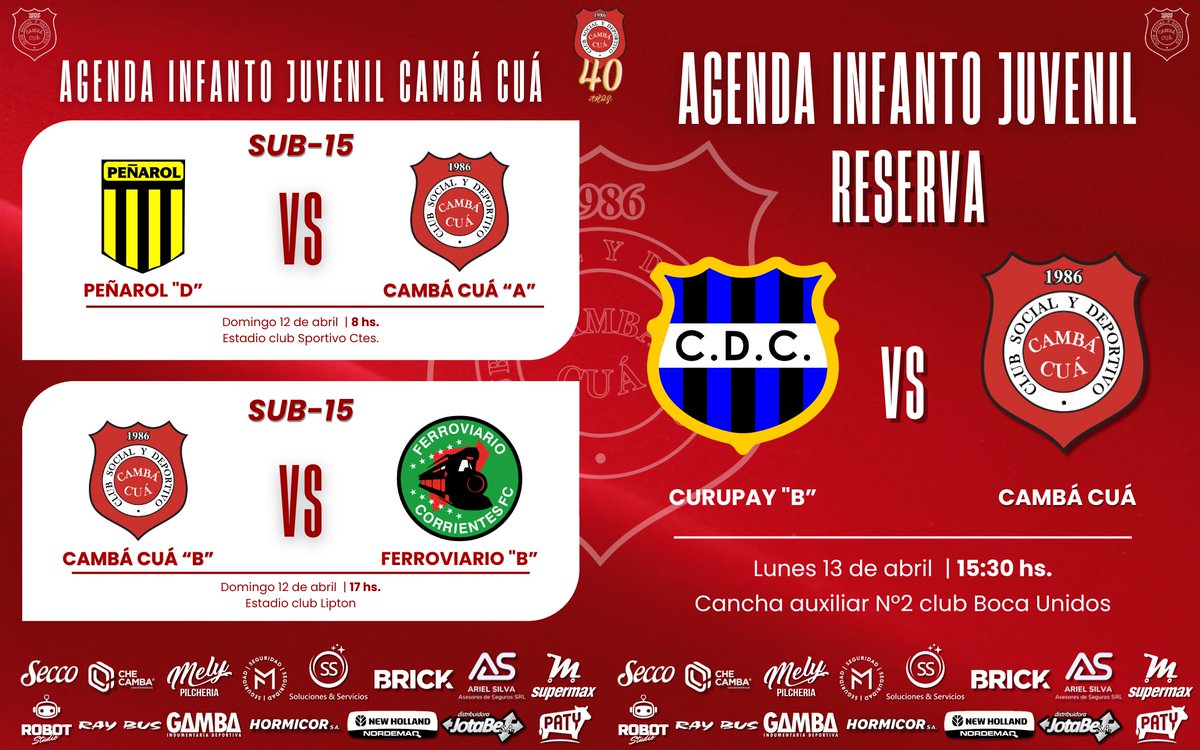💪🏽 Este finde los pibes de las inferiores del Camba tendrán mucha actividad 🥳 comienza la competencia para los equipos de la Sub-13 y la Sub-15 😎

👉🏼 Y también habrá partidos de la Sub-9, la Sub-11 y la Reserva 👍🏽

🗣 Vamos a alentar a los chicos del Camba‼️