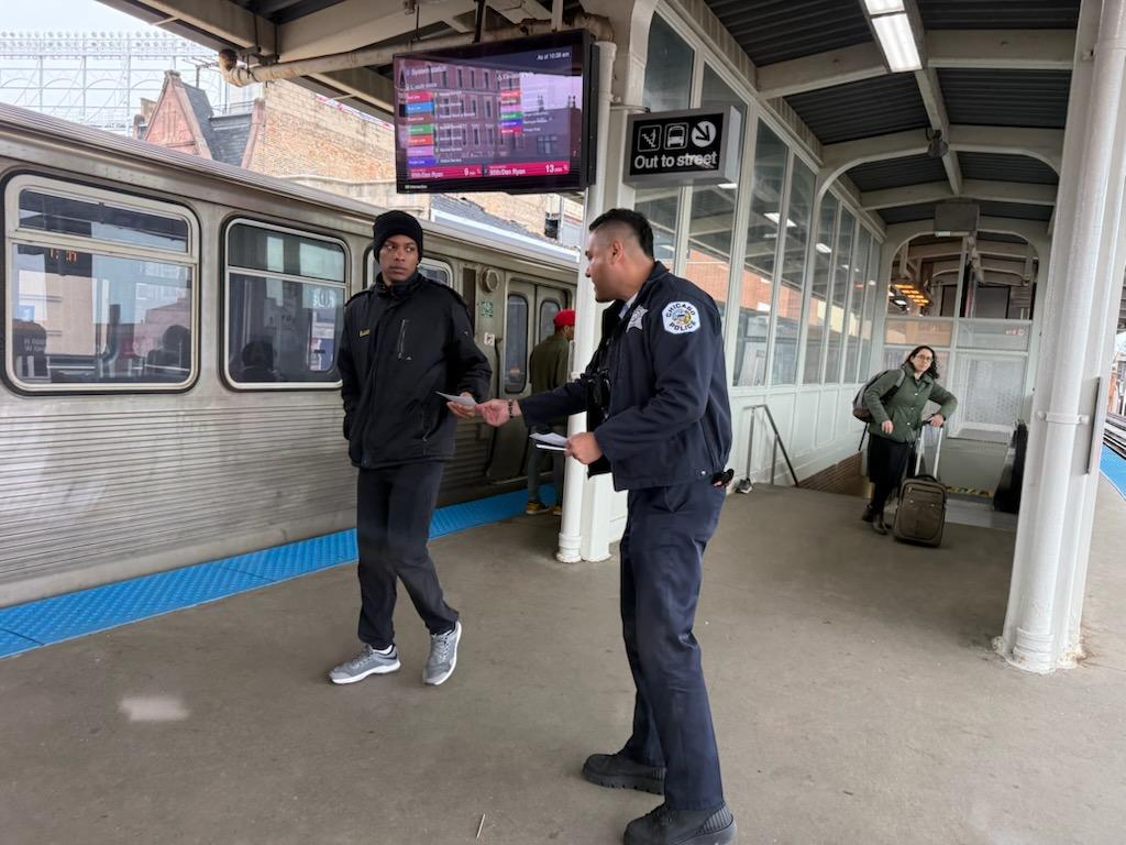 CPDTransit's tweet photo. Public Transportation Section Officers at Addison redline conducting safety awareness outreach for the ridership. @Chicago_Police @CPD_BCT https://t.co/VUuMCbGD2X