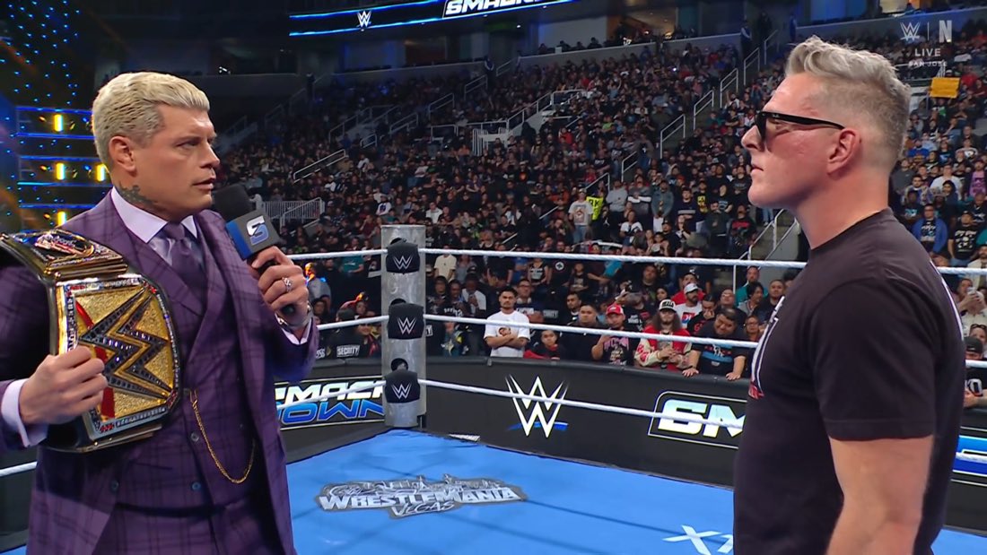 WrestleOps's tweet image. Cody Rhodes tells Pat McAfee to go home and that for the first time everyone agrees that we want to see Randy Orton at WrestleMania and NOT McAfee.

#SmackDown