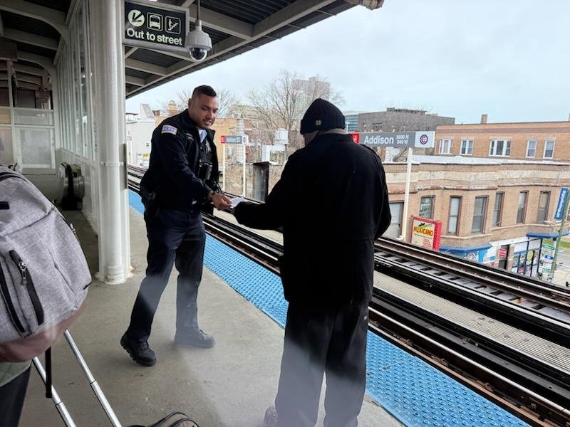 CPDTransit's tweet photo. Public Transportation Section Officers at Addison redline conducting safety awareness outreach for the ridership. @Chicago_Police @CPD_BCT https://t.co/VUuMCbGD2X