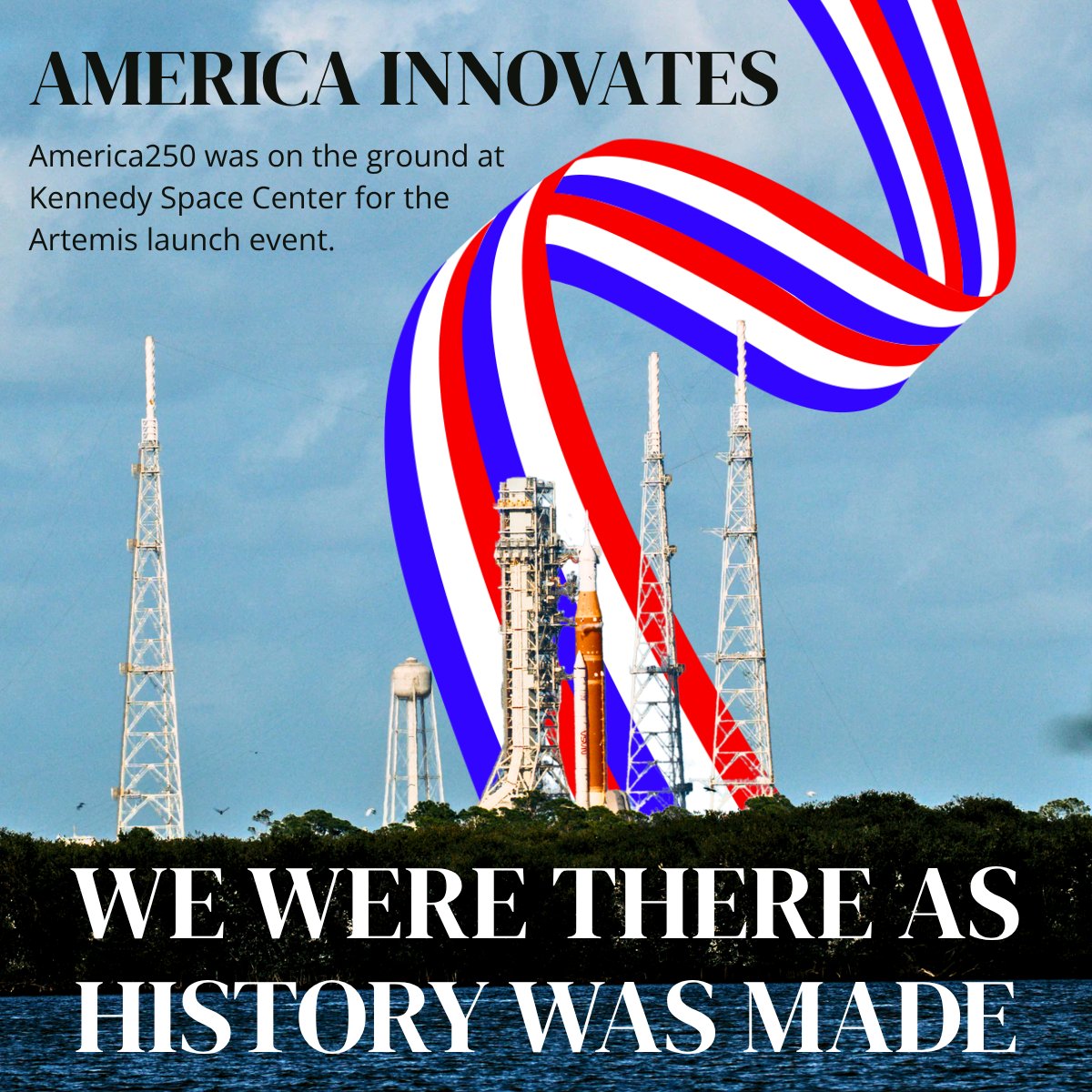 America250's tweet photo. From the launch to the splashdown — what a journey. America250 was honored to be on the ground at Kennedy Space Center for the Artemis II launch event, and tonight we celebrate the return. America's story of innovation is still being written. Welcome home! #America250 #Artemis https://t.co/bIPn1DJd2L