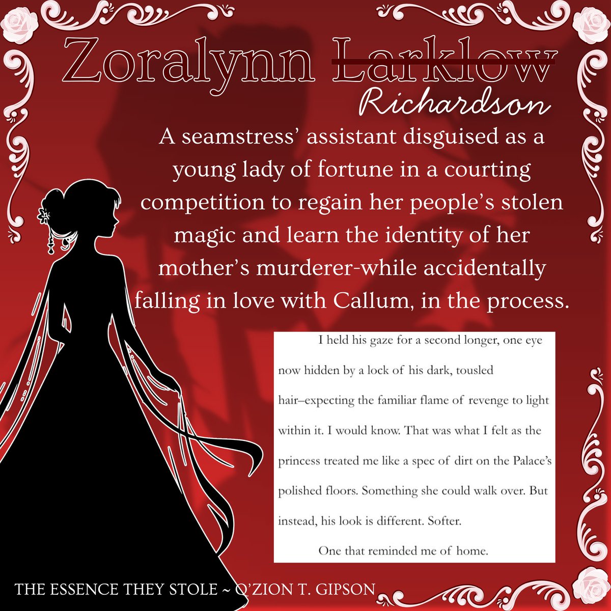 qzion_t_gipson's tweet image. 🌹THE ROSE BARGAIN x CoBaB 🌹

A seamstress and a knight join a royal courting competition to earn their freedom. Amongst prestigious teens, they must master the dance of deception (and maybe love) before both their kingdoms are destroyed.

#ProfilePit #YA #F #WIP #agents