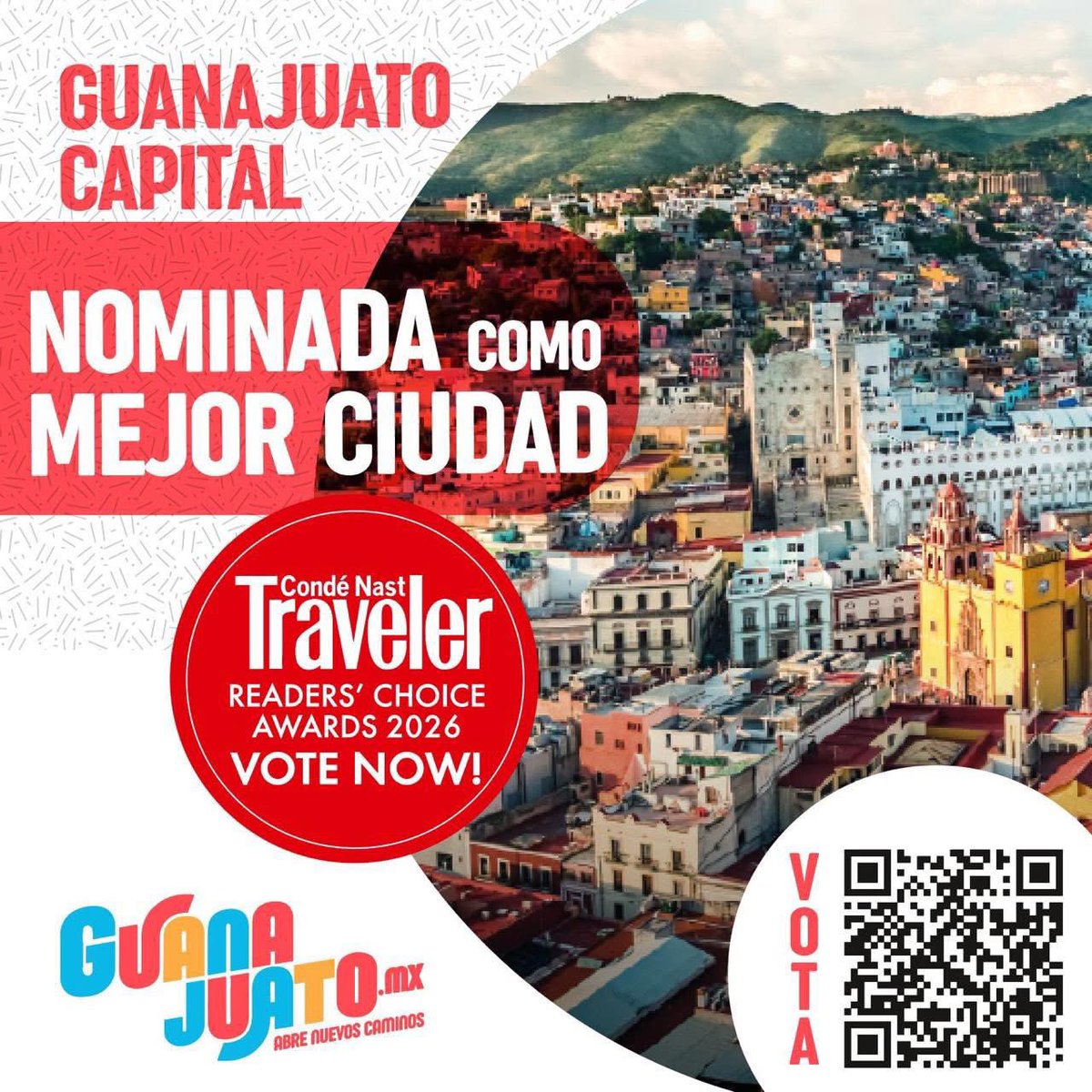 guanajuato's tweet photo. 🥳 Estamos de manteles largos porque tanto #GuanajuatoCapital como #SanMiguelDeAllende han sido nominadas como Mejor Ciudad en los Condé Nast Traveler Readers’ Choice Awards 2026. 🏆

❤️ La magia de nuestros callejones y la elegancia colonial de San Miguel nos llenan de identidad y el mundo lo sabe. 🇲🇽

1️⃣ Escanea el código QR de la imagen. 📲
2️⃣ Registra tu voto por nuestras dos joyas guanajuatenses. 
 
🚗Guanajuato siempre abre nuevos caminos 🗺️ y tú pones la ruta 🧭 😌.