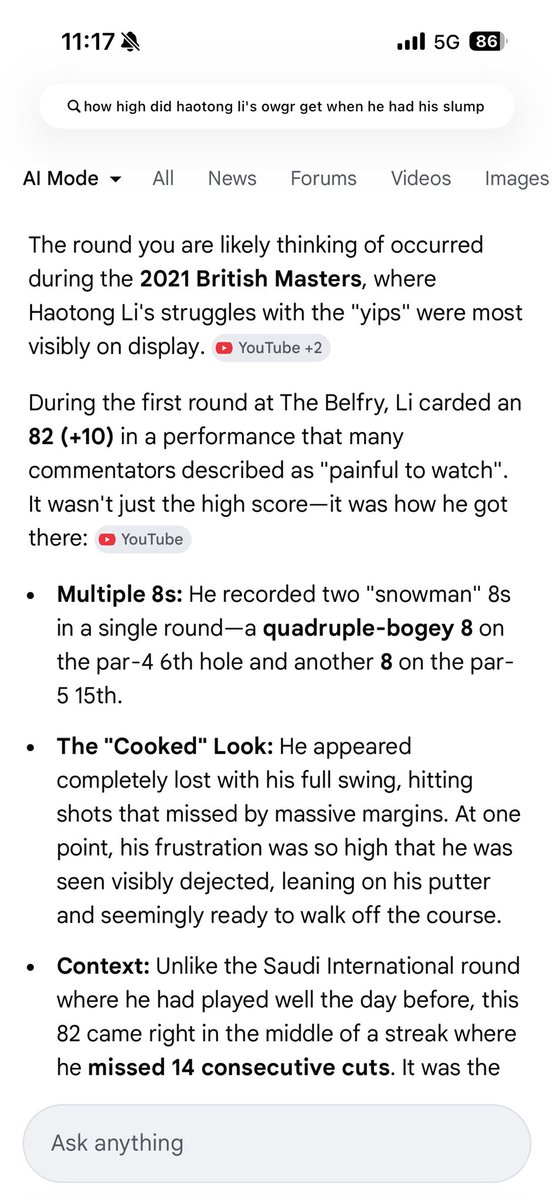 craigspeculator's tweet photo. Have long been a fan of Haotong Li around the time he hit 32 in the world. He lost all form plunging to over 500 OWGR and it looked over - what a great comeback to where he is now 👏 #USMasters https://t.co/RhinApS29l