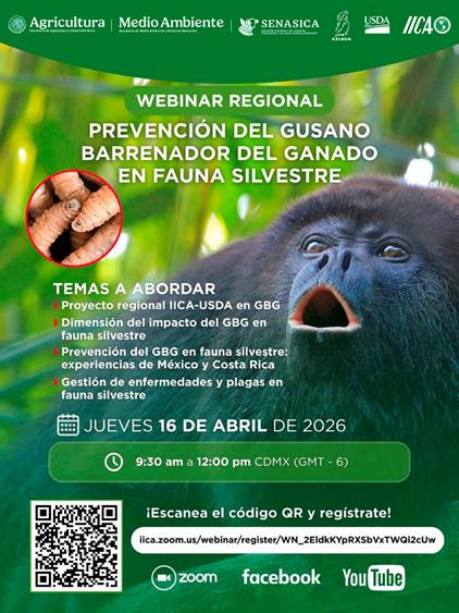 Inscríbete al Webinar: Prevención del gusano barrenador del ganado en la fauna silvestre.

- 16 de abril
- 9:30 a. m. a 12:00 p. m. (Hora de CDMX)
 
Enlace de registro: bit.ly/3OwKAFI
#SENASICA