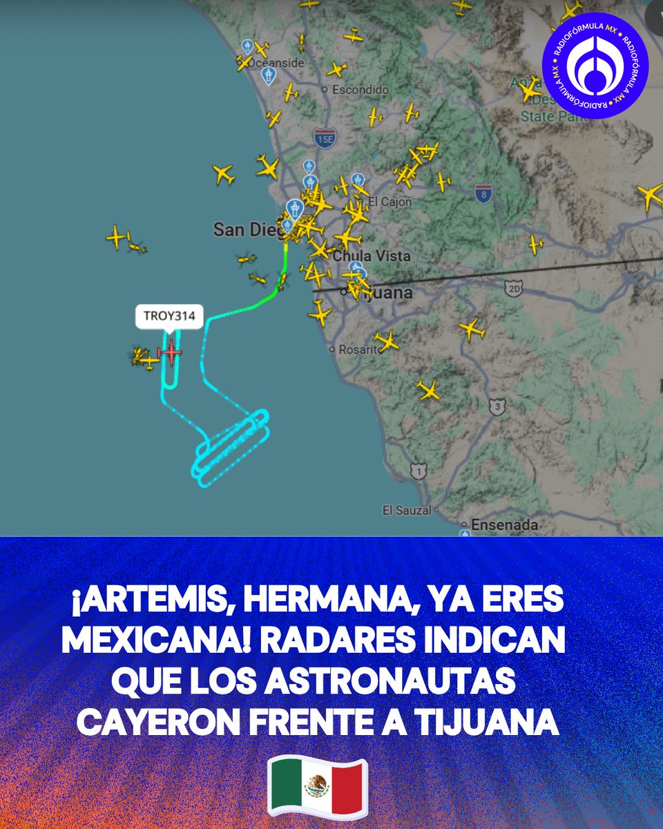 Radio_Formula's tweet photo. La NASA dijo que Artemis II había caído cerca de San Diego, pero los radares de aviones en tiempo real tienen otros datos. 😱

Parece que la misión hizo el amerizaje muy cerca de las costas de Tijuana 🇲🇽, los helicópteros y aviones que están dando vueltas en círculos nos ayudan a saber que los 4 astronautas que fueron a la Luna 🌕 están más cerca de unos tacos que de una hamburguesa. 🥳