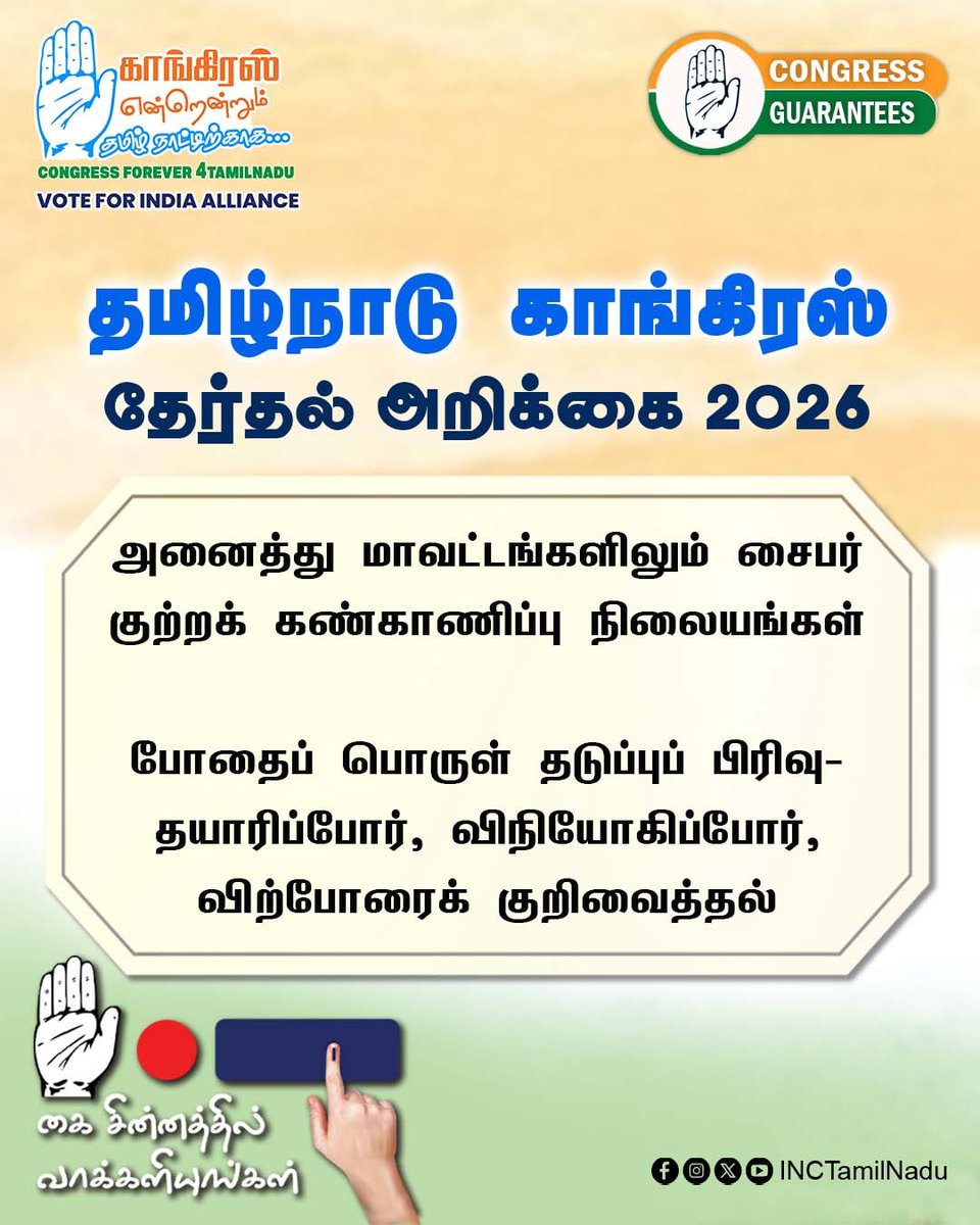 INCTamilNadu's tweet photo. 2026 – தமிழ்நாடு காங்கிரஸ் கமிட்டி தேர்தல் அறிக்கை

#INCTamilNadu
#VoteForCongress
#CongressManifesto
#TNAssemblyelection2026 https://t.co/pz3cqGC3hq