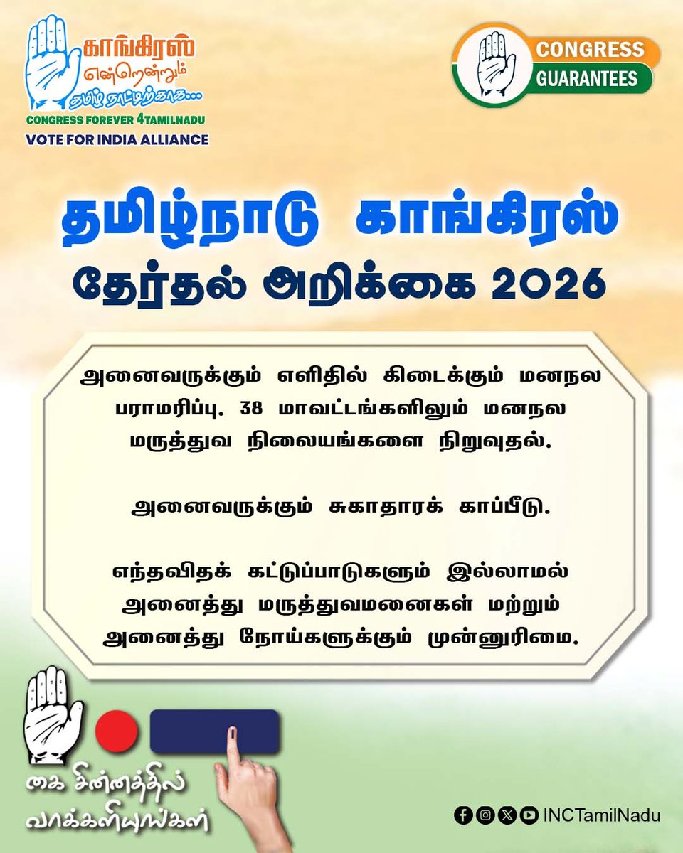 INCTamilNadu's tweet photo. 2026 – தமிழ்நாடு காங்கிரஸ் கமிட்டி தேர்தல் அறிக்கை

#INCTamilNadu
#VoteForCongress
#CongressManifesto
#TNAssemblyelection2026 https://t.co/pz3cqGC3hq