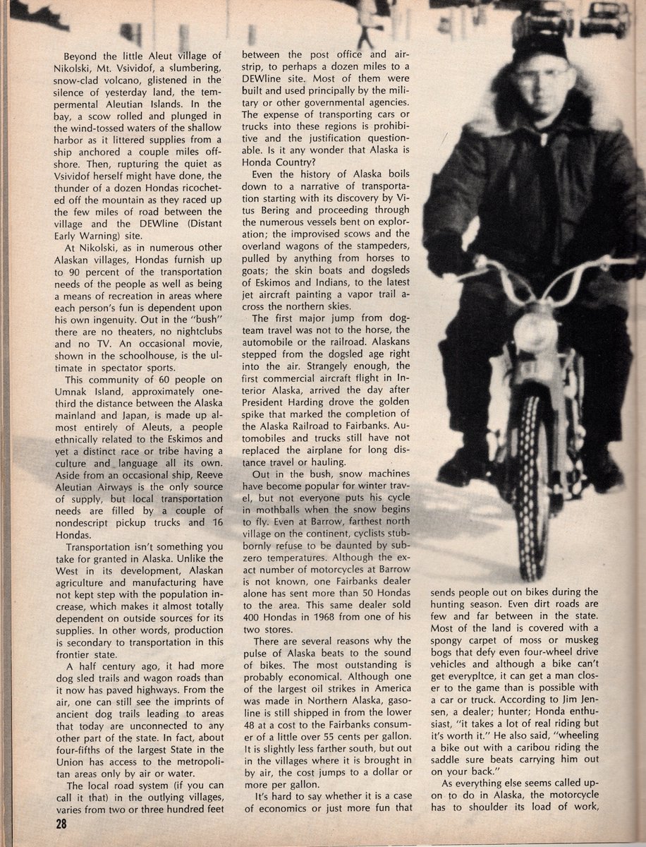 ANC_Historian's tweet image. Nov 1969 Modern Cycle article on motorcycle usage in Alaska. Last picture is Dora and Marsha Dushkin of Nikolski riding around Umnak. At the time, motorcycles were the primary mode of land transportation in Nikolski. #alaskahistory #alaska