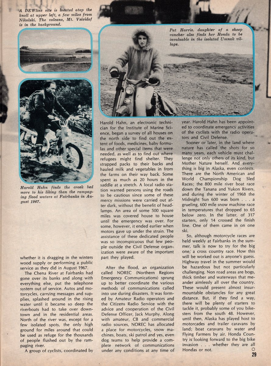 ANC_Historian's tweet image. Nov 1969 Modern Cycle article on motorcycle usage in Alaska. Last picture is Dora and Marsha Dushkin of Nikolski riding around Umnak. At the time, motorcycles were the primary mode of land transportation in Nikolski. #alaskahistory #alaska