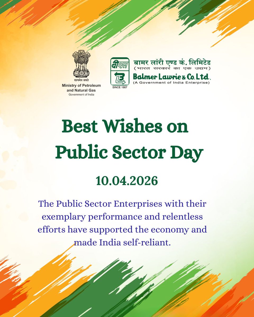Balmer_Lawrie's tweet image. Public Sector Enterprises have been instrumental in shaping India’s economic and social landscape.
#BalmerLawrie wishes everyone a proud and inspiring #PublicSectorDay
@HardeepSPuri @TheSureshGopi @neerajmittalias @Secretary_MoPNG @PetroleumMin  #PSU  #PublicSector #BL160
