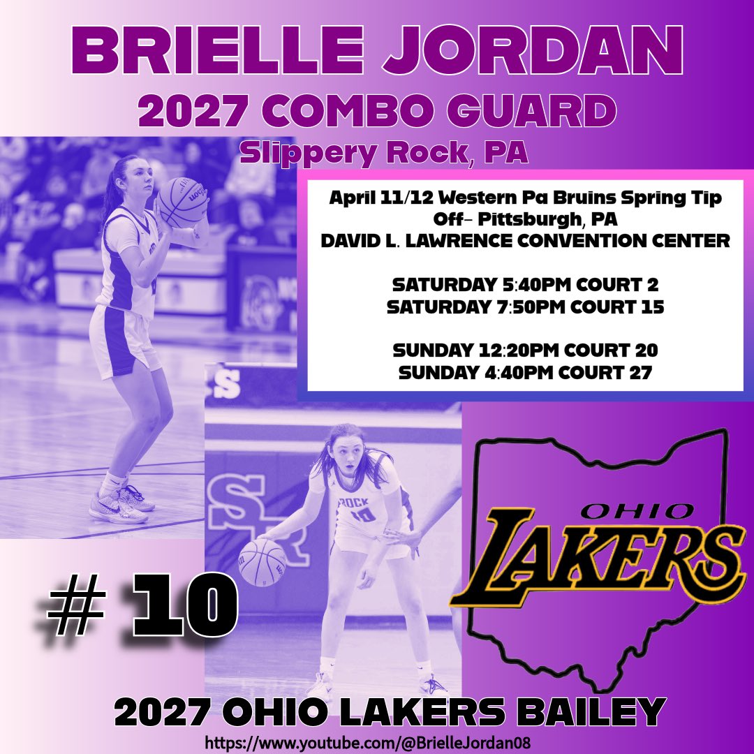 BrielleJordan08's tweet photo. This weekend’s game times at the Western PA Bruins Spring Tip Off!  @ohiolakers @20jsteely #2027 #aau https://t.co/7VLXWkj4Lc