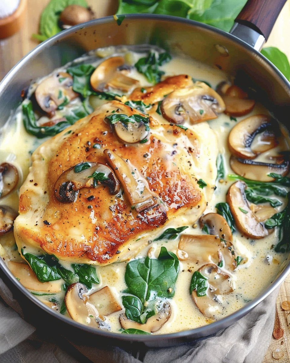 Chicken with Spinach and Mushrooms in Creamy Parmesan Sauce

Ingredients:

4 boneless, skinless chicken breasts
Salt and pepper to taste
2 tablespoons olive oil
1 tablespoon butter
1 onion, finely chopped
3 cloves garlic, minced
200g (7 oz) mushrooms, sliced
150g (5 oz) fresh