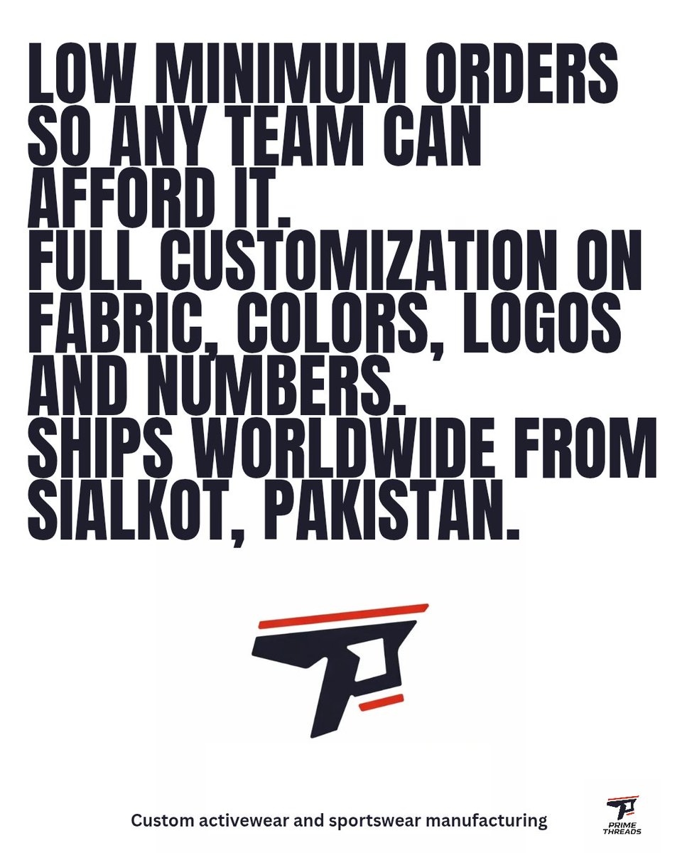 primethreadsmfg's tweet image. We are Prime Threads. Custom activewear and sportswear manufacturer based in Sialkot, Pakistan. Built for sports teams, clubs and organizations worldwide. DM us or send an email to get started 🇵🇰
#customkit #teamwear #primethreads #customsportswear 
#customapparel