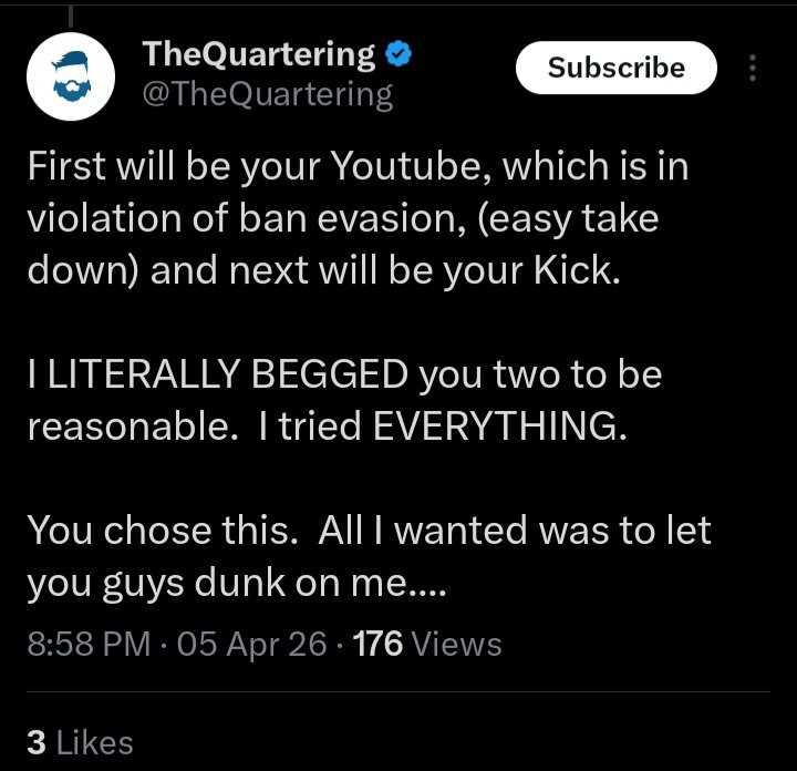 MrHidden_Simply's tweet photo. @rumblevideo and @GamingOnRumble  how is it possible you have a creator @TheQuartering
when he actively deplatforms other creators and encourages Doxing of them Is this the supposed freedom of speech you support ? https://t.co/4cuoBCVq62