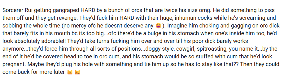 bottomruifess's tweet photo. [ Mob!Rui | Sorcerer AU + Cum inflation + Gangbang + Monsterfucking | Rape/Noncon ]

Sorcerer Rui getting gangraped HARD by a bunch of orcs that are twice his size omg. He did something to piss them off and they get revenge. They'd fuck him HARD with their huge, inhuman cocks https://t.co/lS1Z3QUrTc