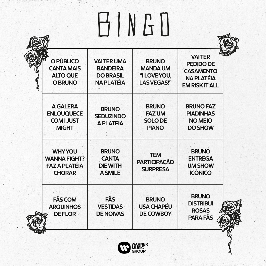 WarnerMusicBR's tweet image. 🚨 BINGO DOS HOOLIGANS! 🚨  o que será que vai rolar no primeiro da The Romantic Tour? Montamos esse bingo pra vocês e queremos ver suas apostas! Quem será que ganha o bingo da W especial The Romantic Tour? #theromanticworldtour #brunomars #theromantic