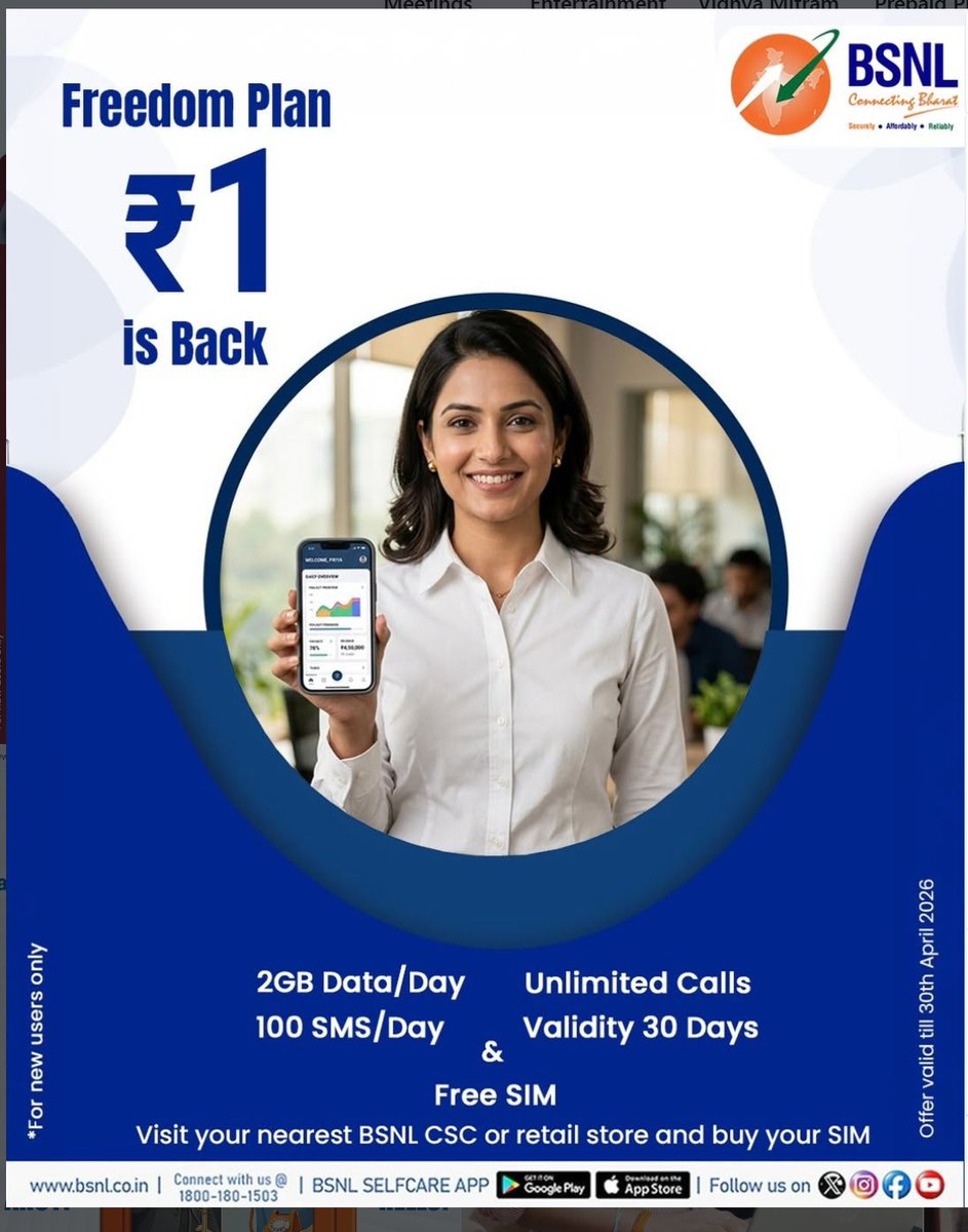 BSNL_HR's tweet photo. Freedom is back at just ₹1!
Simple. Reliable. Affordable
UnlimitedCalls DailyData DigitalIndia BSNLOffer TrendingNow RechargeOffer
#bsnl #freedomplan #1rupeeoffer #freesim https://t.co/361VDTpLZX