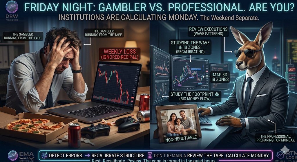 RasoolUFT's tweet photo. Friday night separates the gamblers from the professionals. ♟️

The closing bell just rang on another week. A gambler is logging off right now to avoid looking at a red P&L. They want to forget the undisciplined trades, the forced entries in the Pre-Market Squeeze, and the lack of patience. They will spend the next 48 hours distracting themselves, only to come back Monday morning completely unprepared, ready to repeat the exact same cycle of donating their liquidity.

A professional does something entirely different. A professional uses the weekend to study the wave. 🌊

Let’s be real—I’ve said it before: my family time is non-negotiable. I don't expect you to stare at a glowing monitor for 48 hours straight. But if you aren't carving out a few of those quiet, untalkable hours this weekend to review your week's executions against the 3D IB Zone and the Big Money Flow, you are actively choosing to remain a pawn.

This is the untalkable side of trading. The market doesn’t care about your feelings, your weekend plans, or your excuses. It only respects preparation and structural execution.

You cannot cheat the grind. If you don't map the mistakes you made this week, the market will gladly charge you for them again next week.

Rest. Recalibrate. But do not ignore the tape.

The institutions are already calculating Monday's open. Are you? 🏢📊

#TradingPsychology #DayTrading #Discipline #Mindset #SmartMoneyConcepts #TradingLogic #MarketStructure
