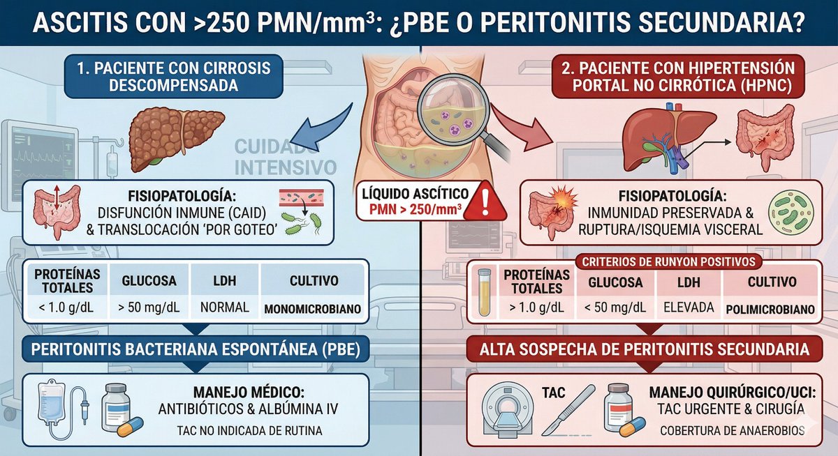JonathanPMD's tweet photo. Neutroascitis en cirrosis vs hipertensión portal no cirrotica. Dos escenarios con enfoques completamente diferentes. https://t.co/bxKMROovnn